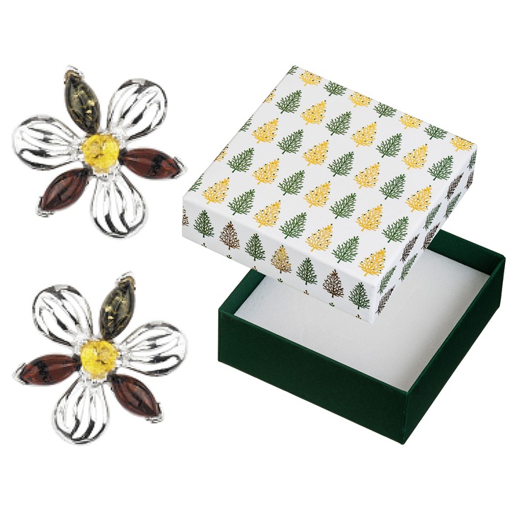 Cercei dama, Siju, argint, forma flori, cu chihlimbar, multicolor