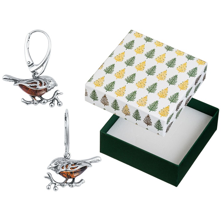 Cercei dama, Siju, argint, cu chihlimbar, argintiu/maro