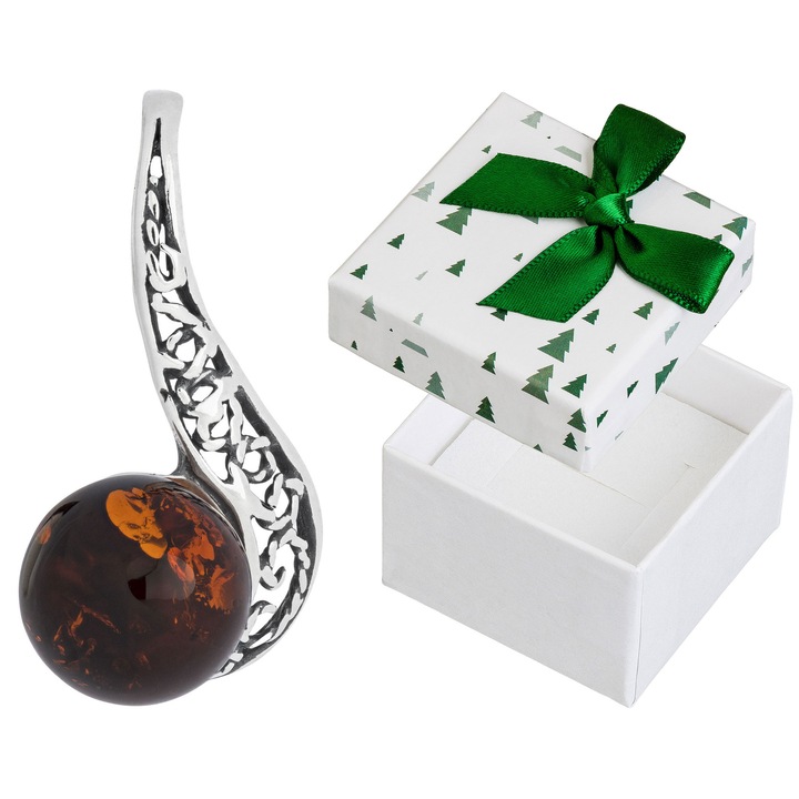 Pandantiv din argint cu chihlimbar, Siju, 925, argint oxidat, 24mm, set cu cutie de cadou
