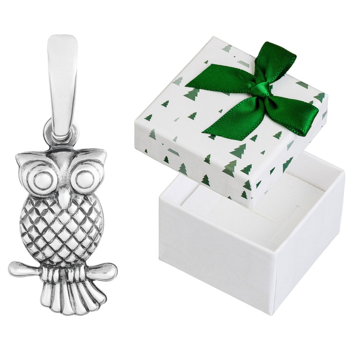 Pandantiv argintiu in forma de bufnita, Siju, argint 925, dimensiuni 21x8mm, set cu cutie de cadou