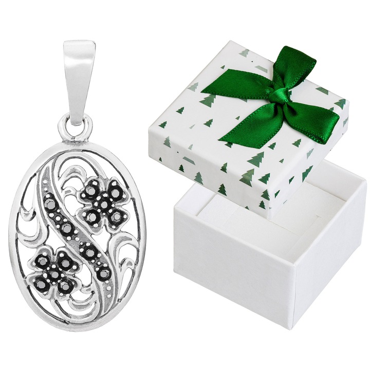 Pandantiv oval din argint cu zirconii negre, Siju, argint 925, 30x14mm, set cu cutie de cadou