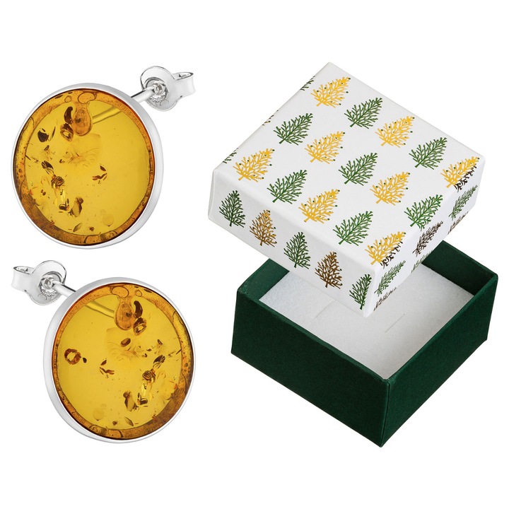 Cercei rotunzi din argint 925 cu chihlimbar baltic, Siju, set cu cutie de cadou, 17mm, culoare bruna