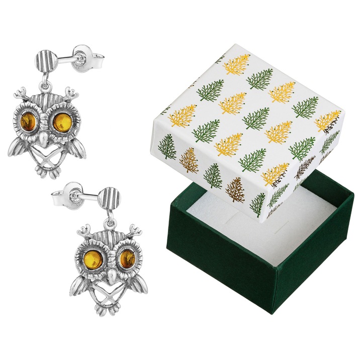 Cercei argintii in forma de bufnita cu chihlimbar, 925, set cu cutie de cadou, 24x14mm