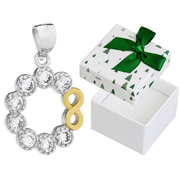 Pandantiv rotund din argint cu zirconii si semn de infinit, Siju, 925, 22x14mm, set cu cutie de cadou