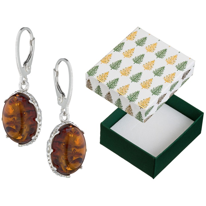 Cercei din argint 925 cu chihlimbar coniac, set cu cutie cadou, Siju