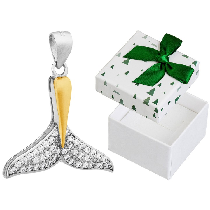 Pandantiv argintiu cu zirconiu, Siju, finisaj rodiat si aurit, 25x20mm, set cu cutie cadou