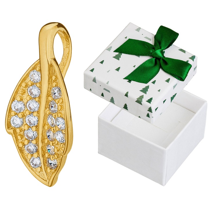 Pandantiv din argint 925 placata cu aur, Siju, model frunza, cu zirconii, 16x7mm, set cu cutie de cadou