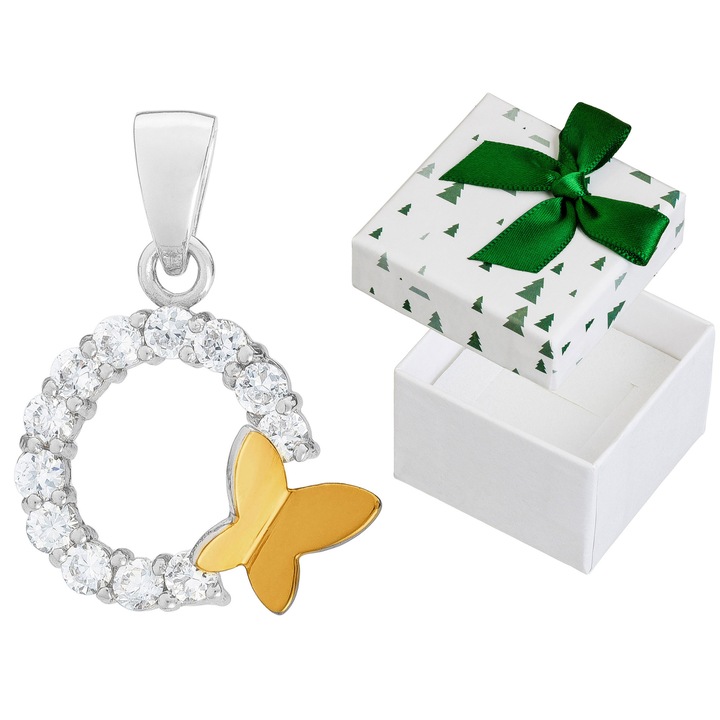 Pandantiv rotund din argint cu zirconii, Siju, fluturas aurit, 24x19mm, set cu cutie cadou