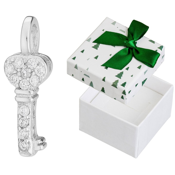 Pandantiv argintiu in forma de cheie cu zirconii Siju, 14x4,5mm, set cu cutie de cadou