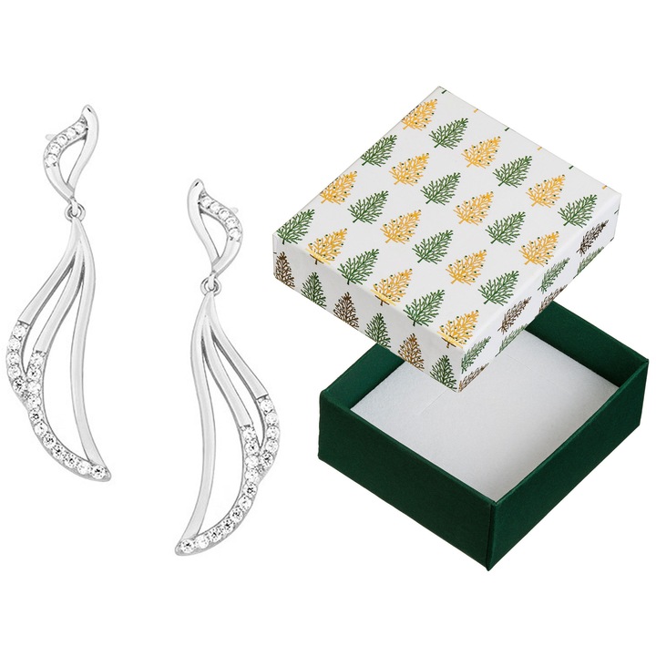 Cercei lungi din argint 925 cu zirconii, Siju, rodiati, set cu cutie de cadou