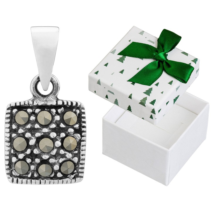 Pandantiv din argint cu marcasit, Siju, forma patrata, argint oxigenat, 17x9mm, set cu cutie cadou