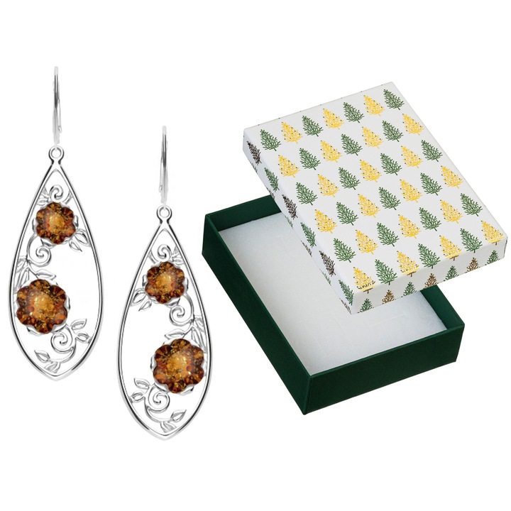 Cercei argintii cu chihlimbar, Siju, model P1K1623, hipoalergenici, 63x19mm, set cu cutie cadou