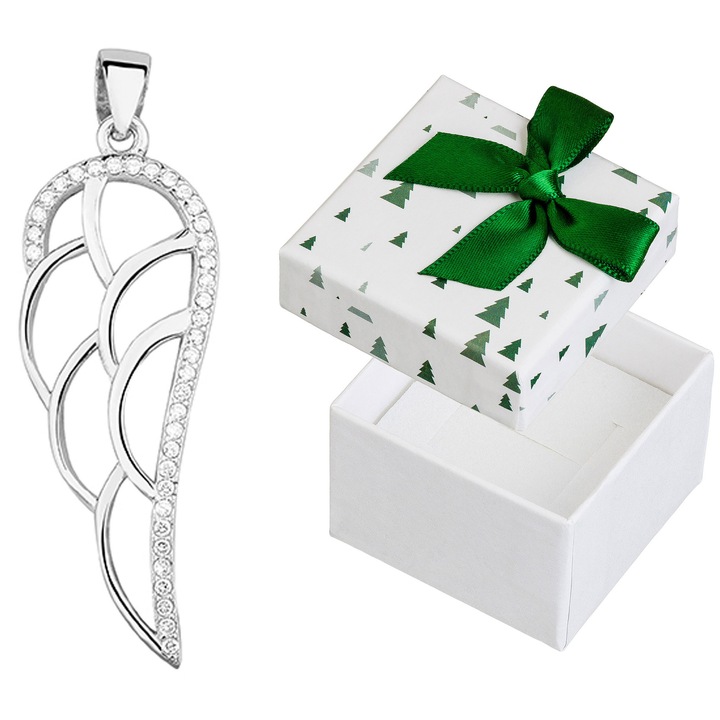 Pandantiv argintiu in forma de aripa cu zirconiu, Siju, 31x10mm, set cu cutie cadou