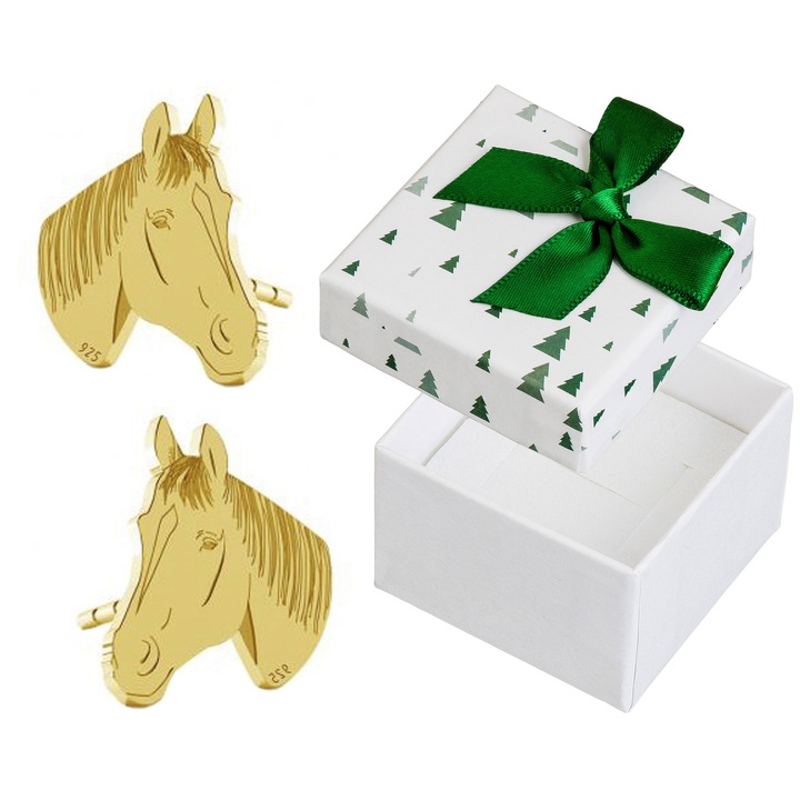 Cercei argintii placat in forma de cap de cal, Siju, 11x11mm, set cu cutie cadou