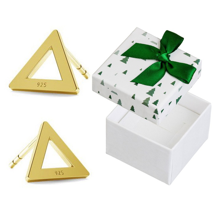Cercei geometrici din argint 925 placati cu aur, model triunghi, set cu cutie cadou, 8x9mm