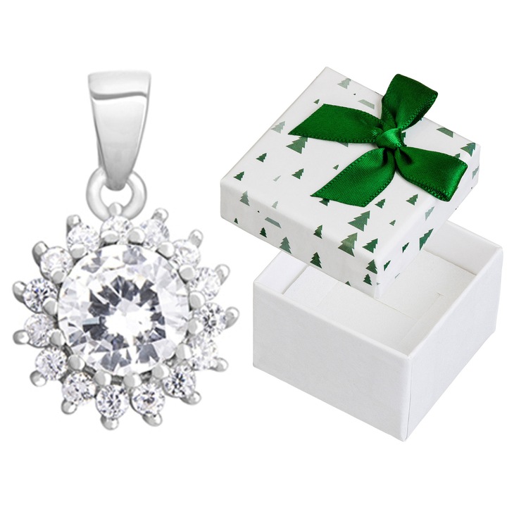 Pandantiv din argint cu zirconii, Siju, rodinat, 17x11mm, set cu cutie cadou