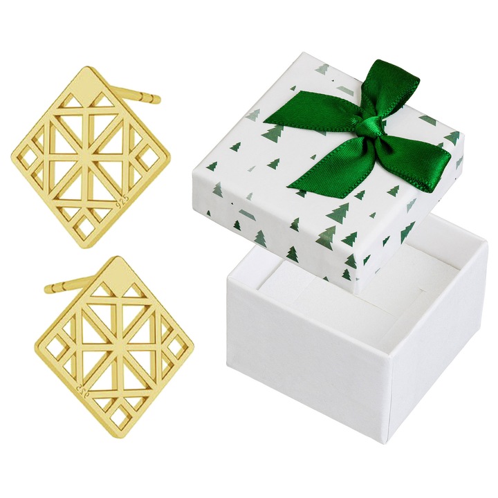 Cercei dama, Siju, argint, auriu, 14x14 mm, set cu cutie cadou