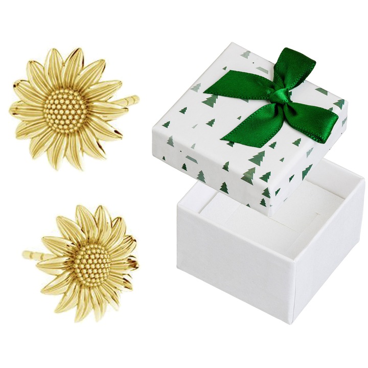 Cercei dama, Siju, argint, auriu, set cu cutie cadou, 10x10mm