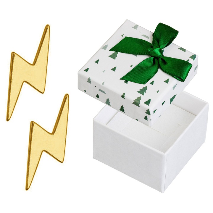 Cercei argintii, Siju, model fulger, pozlati, 9x3mm, set cu cutie cadou