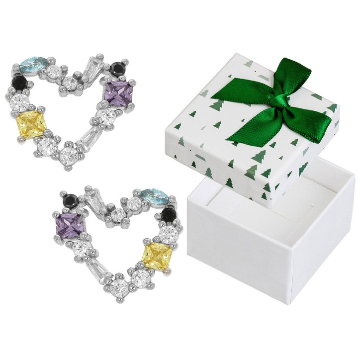 Cercei asimetrici din argint 925 zirconii multicolore, set cu cutie cadou