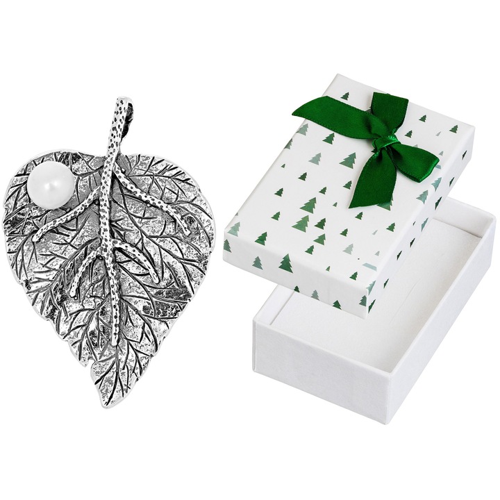 Pandantiv din argint oxidat Siju, in forma de frunza, cu perla, 41x28mm