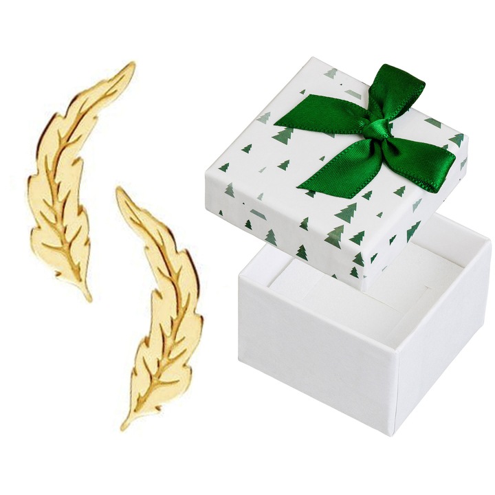 Cercei din argint 925, Siju, forma de pana, placati cu aur, 5,5x15mm, set cu cutie cadou