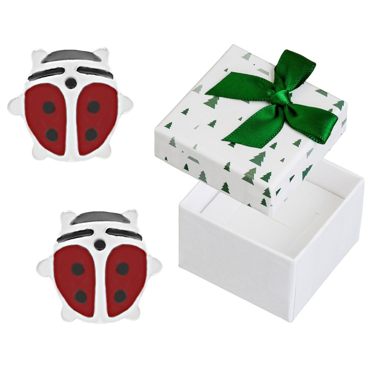 Cercei Siju, argint 925, rodiat, buburuza, rosie/neagra, set cu cutie cadou, 5x5mm