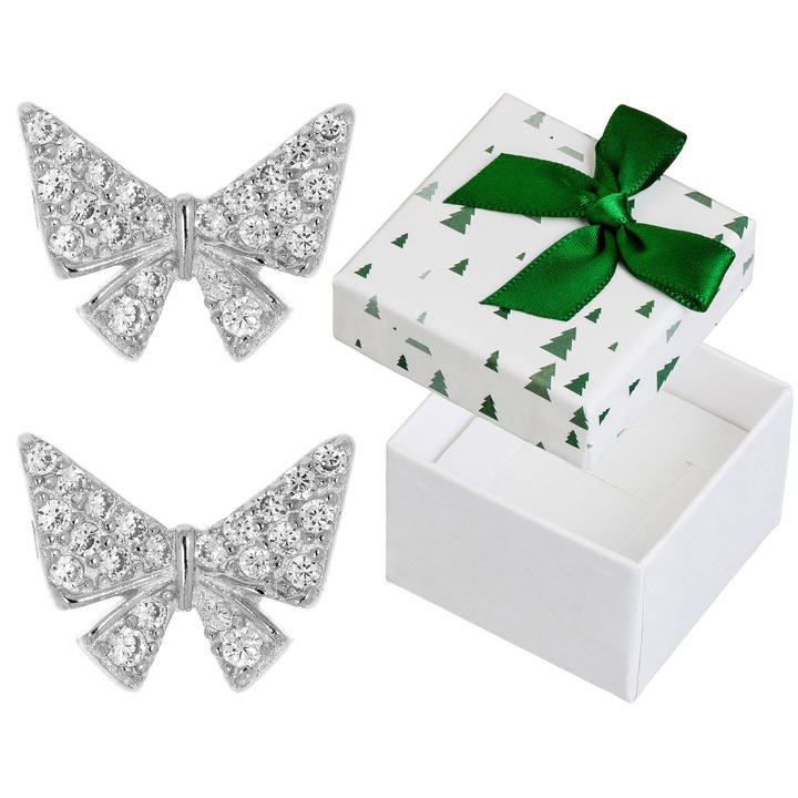 Cercei argintii motan cu zirconii, Siju, 7x9mm, set cu cutie de cadou