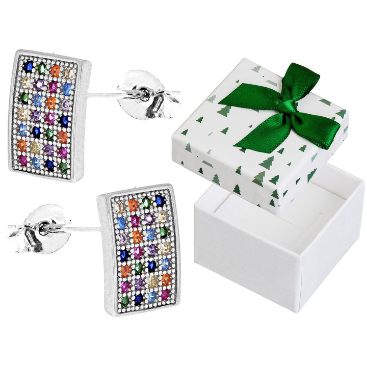 Cercei dreptunghiulari din argint 925 cu zirconii multicolore, set cu cutie de cadou