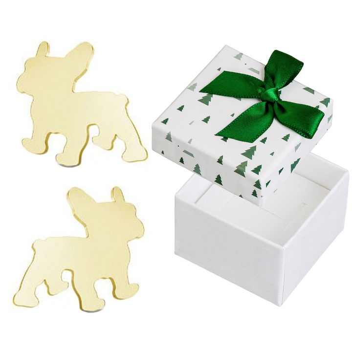 Cercei argintii, in forma de catelusi bulldog, set cu cutie cadou, 9x10mm