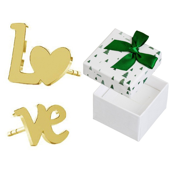 Cercei Siju, model LOVE, argint 925 placat cu aur, set cu cutie cadou