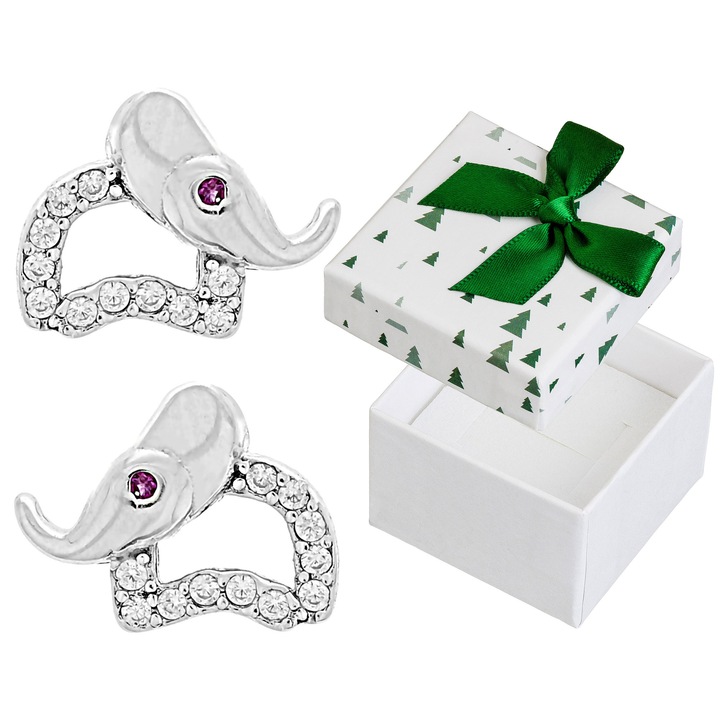 Cercei argintii cu elefant din zirconii, Siju, 9x11mm, set cu cutie cadou