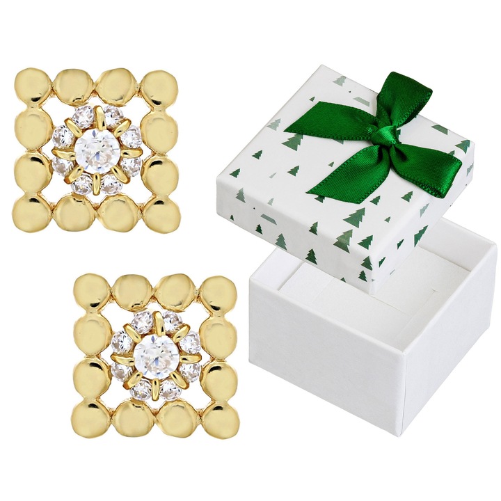 Cercei din argint 925 pozlati cu aur, cu zirconii, forma patrata, set cu cutie cadou, 8x8mm
