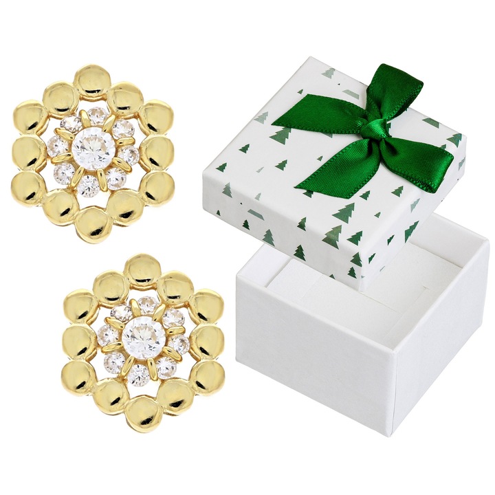 Cercei geometrici pozlati din argint cu zirconii, Siju, 8,5x9,5mm, set cu cutie de cadou