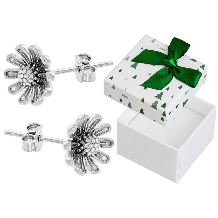 Cercei argintii florali Siju, rodinati, 7x7mm, set cu cutie de cadou