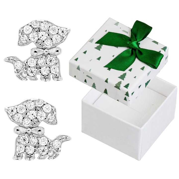 Cercei argintii cu forma de catelus cu zirconii, Siju, 8x9mm, set cu cutie cadou