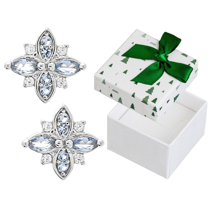 Cercei argintii cu flori si cyrkonii, Siju, 925, albastru, 9x8mm, set cu cutie cadou