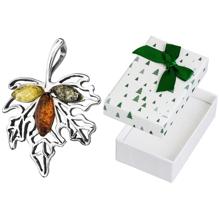 Pandantiv din argint cu forma de frunza de artar, Siju, cu chihlimbar, 34x26mm, set cu cutie de cadou