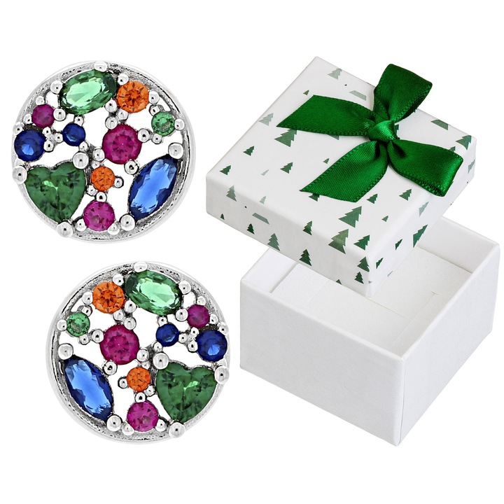 Cercei din argint 925 cu zirconii multicolore, model rotund, set cu cutie cadou