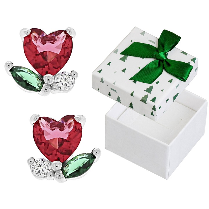 Cercei argintii cu zirconii in forma de flori de lalea, set cu cutie cadou, Siju, 7x7mm