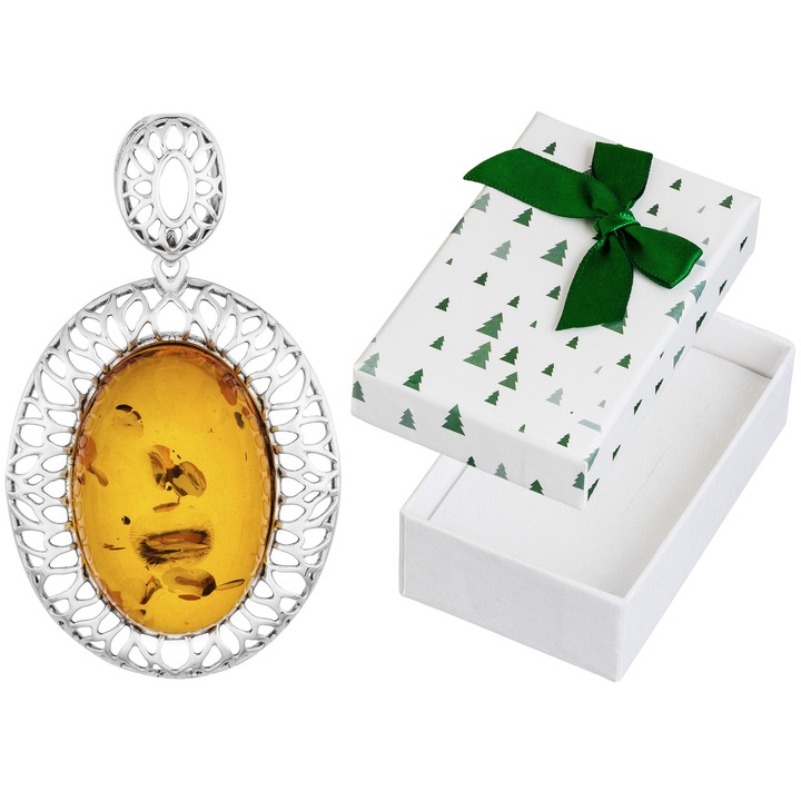 Pandantiv mare din argint cu chihlimbar, Siju, 30x20mm, maro