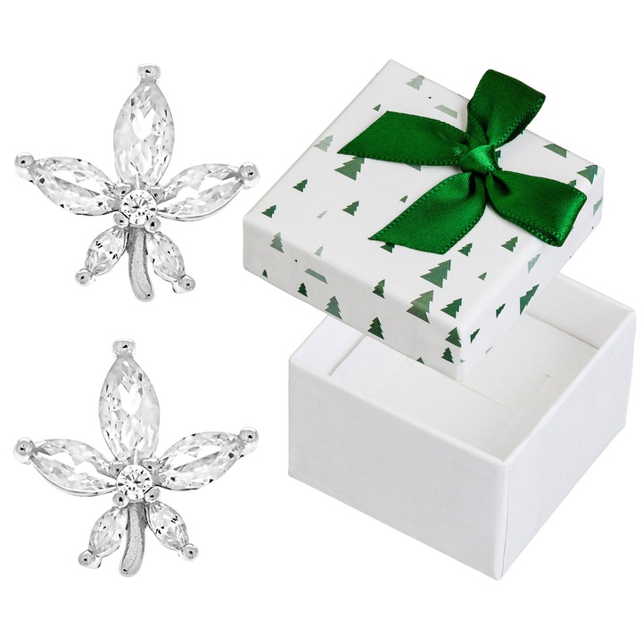 Cercei din argint 925 cu zirconii, flori, rodinati, set cu cutie cadou, 12x12mm