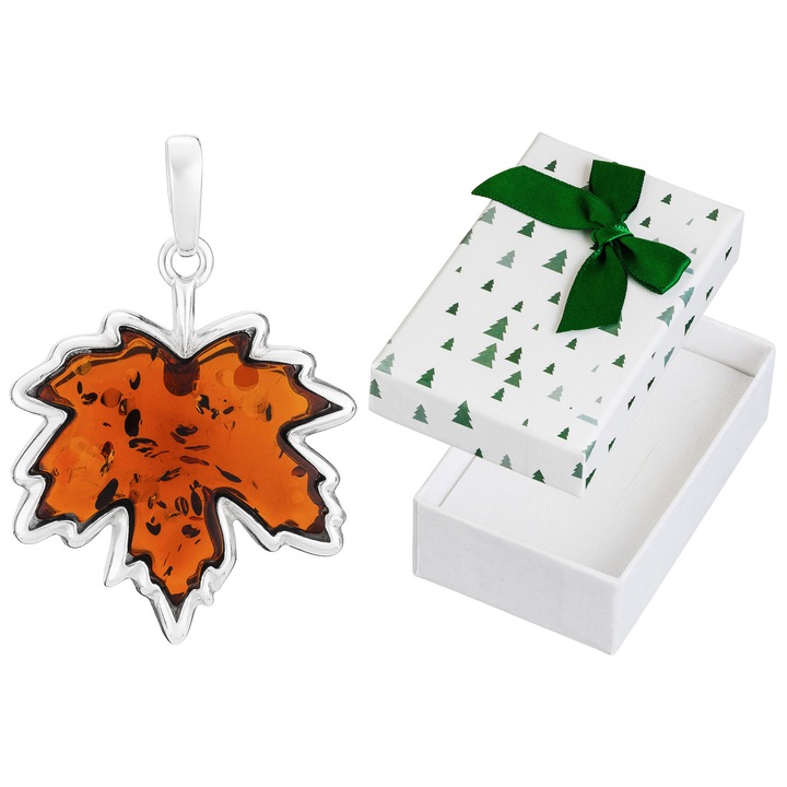 Pandantiv din argint cu chihlimbar in forma de frunza de artar, set cu cutie cadou, 39x26mm