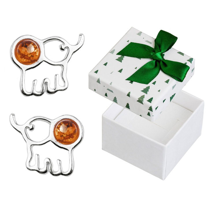 Cercei argintii cu chihlimbar in forma de elefanti, Siju, set cu cutie de cadou, 925, 11x14mm