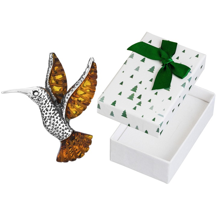 Pandantiv din argint cu colibri si chihlimbar, Siju, argint 925, 34x29mm, set cu cutie cadou