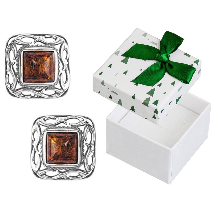 Cercei argintii cu chihlimbar, Siju, set cu cutie cadou, argint 925, 17x17mm