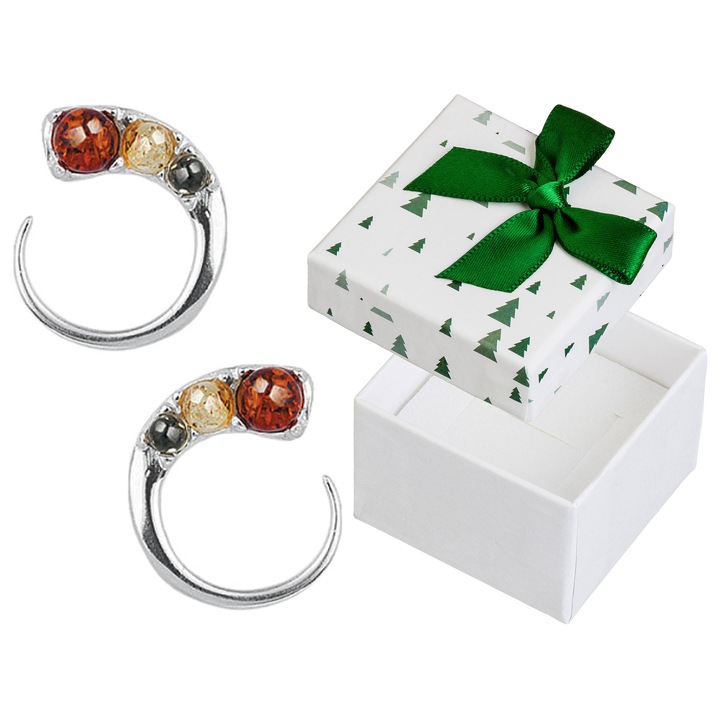 Cercei din argint 925 cu chihlimbar, set cu cutie de cadou, 20x16mm, Siju