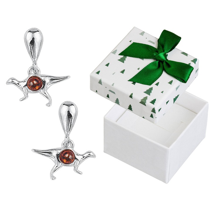 Cercei din argint 925 cu dinozauri si chihlimbar, set cu cutie de cadou, Siju, 19x15mm