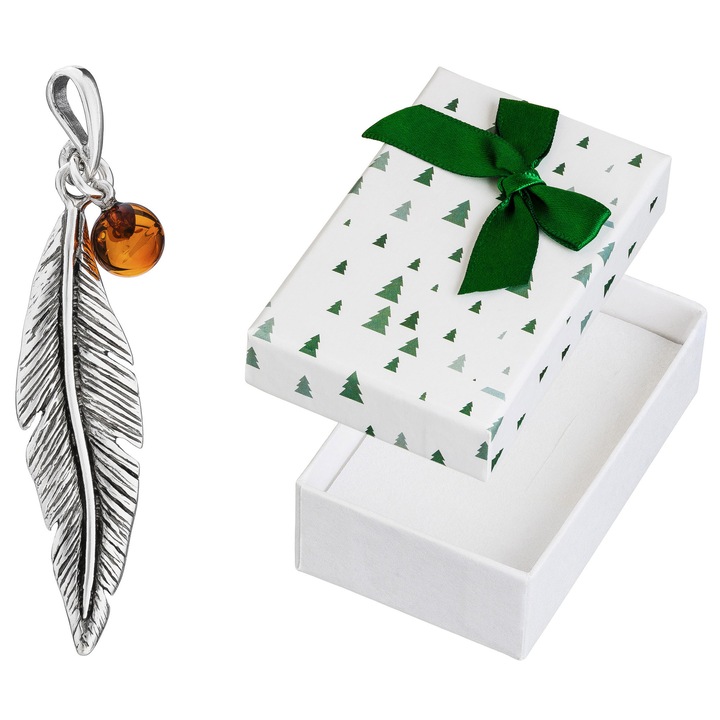 Pandantiv argintiu in forma de pana cu chihlimbar, Siju, 925, 44x10mm, set cu cutie de cadou