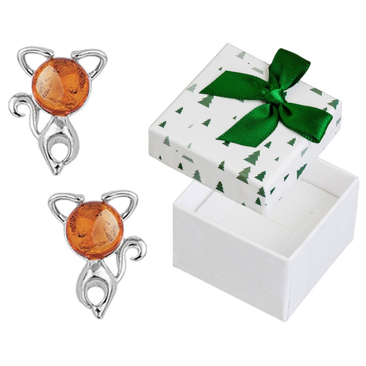 Cercei Siju argint 925 cu piatra de chihlimbar, forma de pisica, set cu cutie cadou